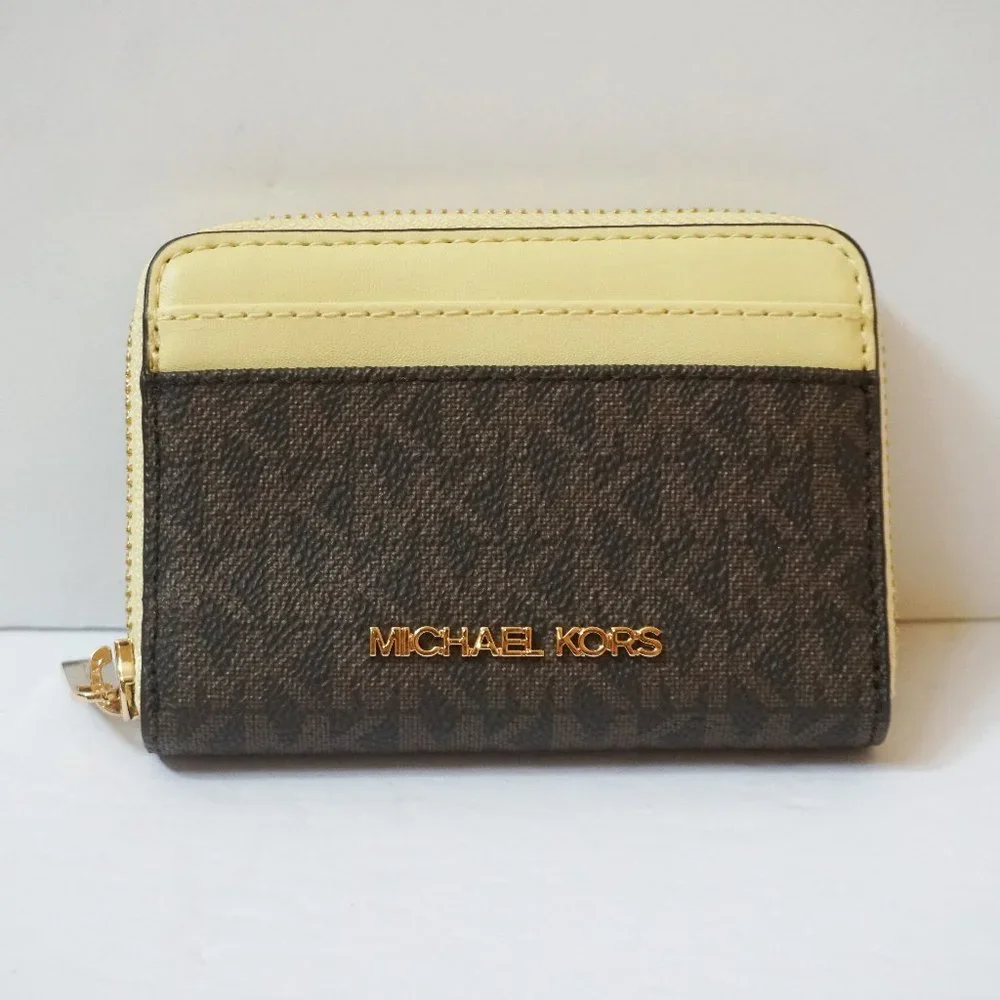 Michael Kors Jet Set Travel ZA Card Case Wallet MK Brown Yellow